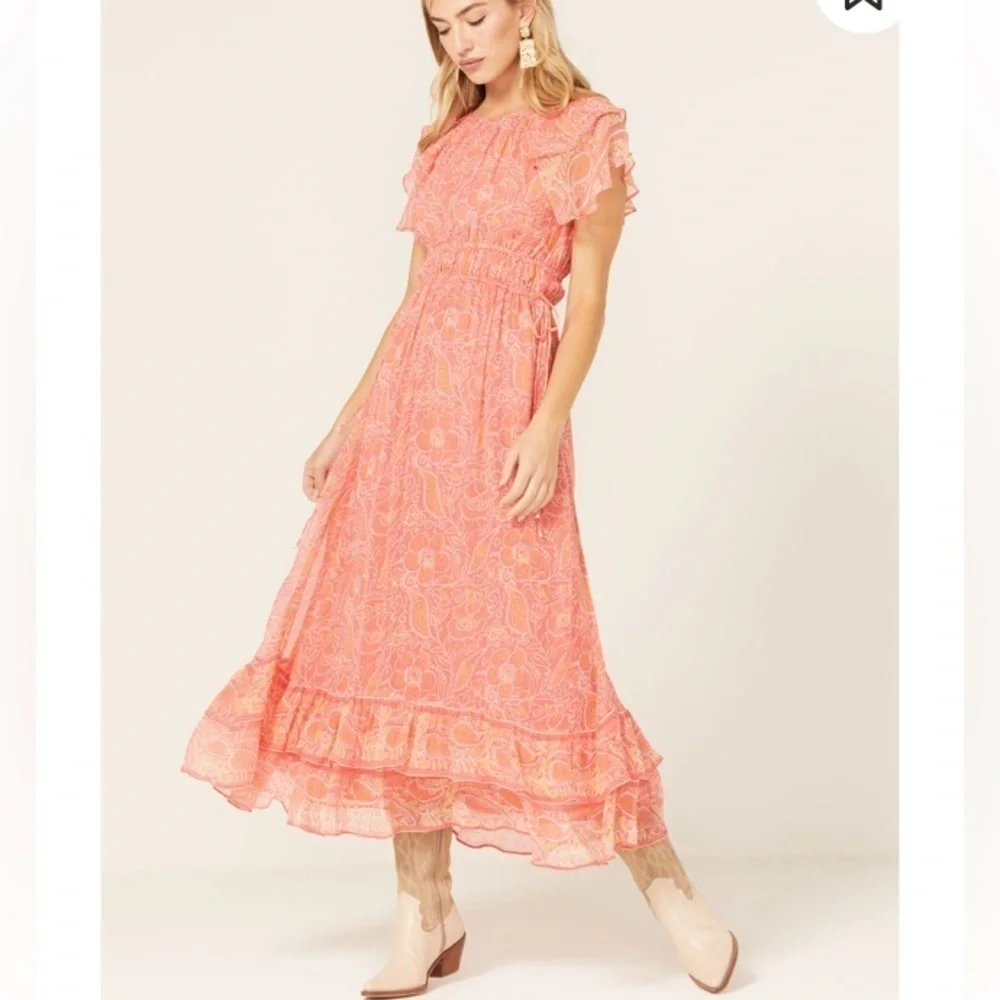 Cleobella Hannah Cutout Tiered Ruffle Maxi Dress Coral Blossom M Romantic NEW - Picture 16 of 16